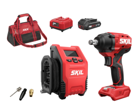 Borstelloze accuslagmoersleutel en accu-hogedrukopblaaspomp combiset